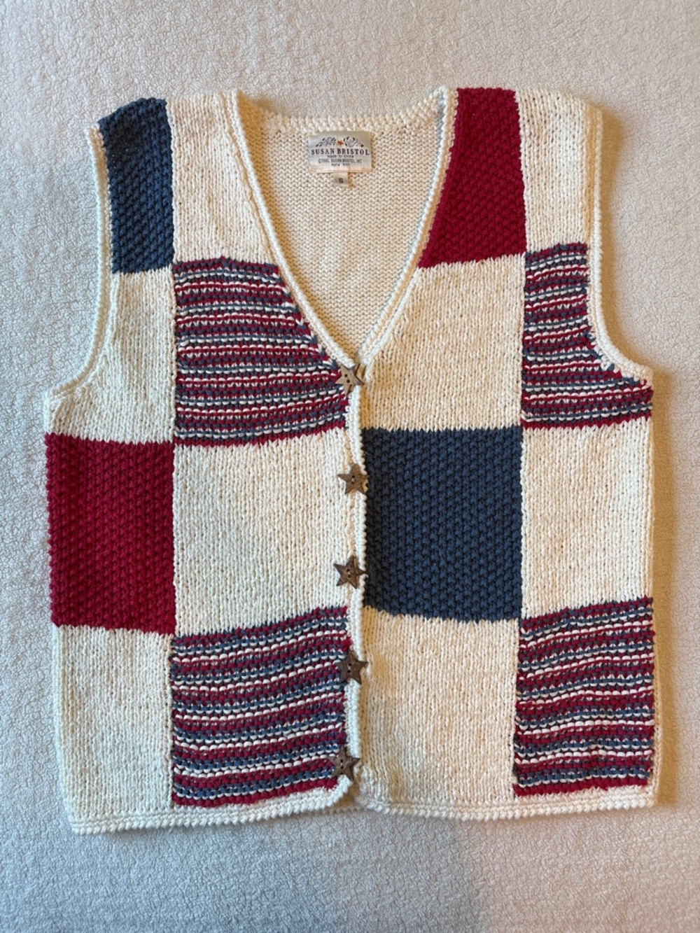 Vintage Susan Bristol Patchwork Knit Vest. Red, White, Blue. Star Buttons. Sz S